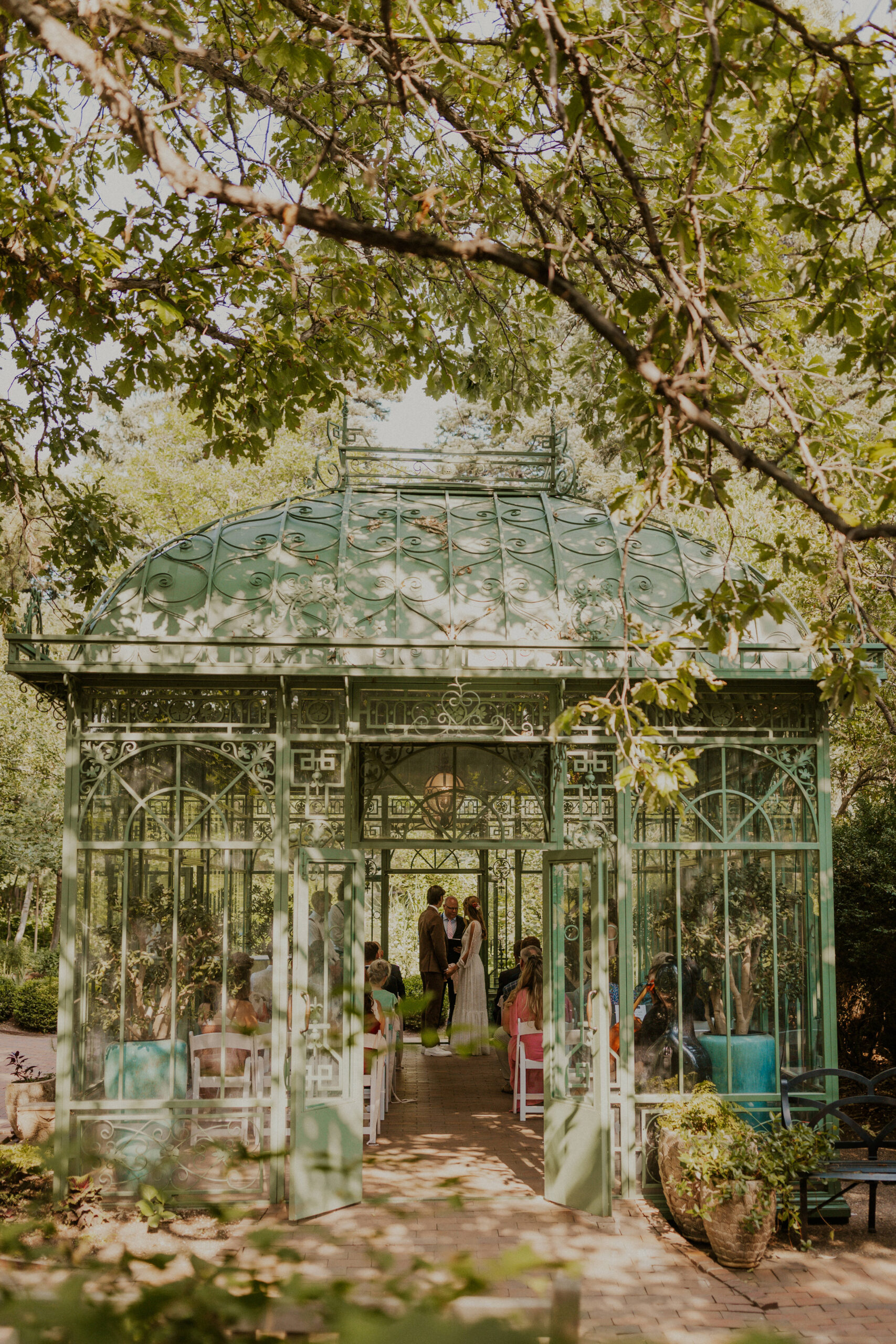 Romantic garden party summer intimate wedding at Denver Botanic Garden’s Woodland Mosaic.