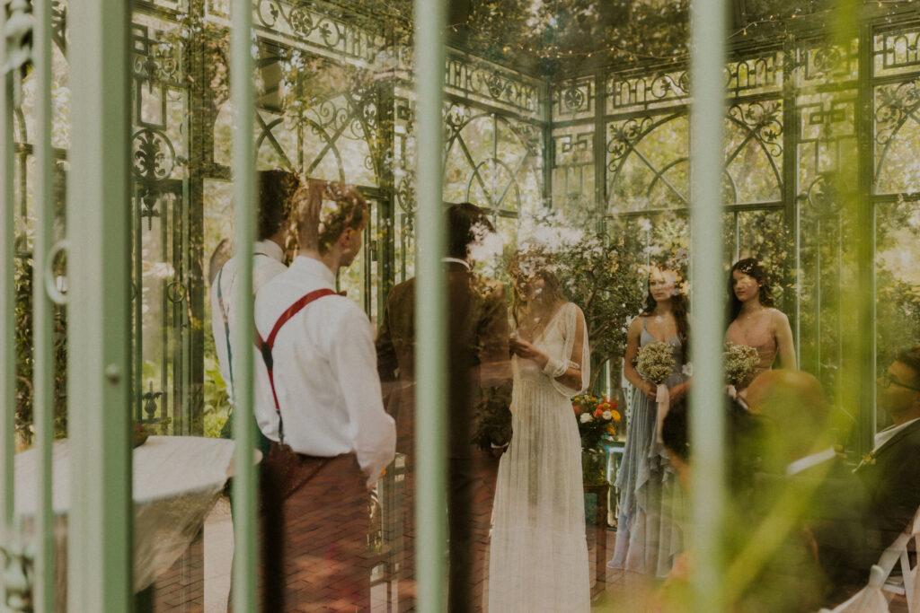 Romantic garden party summer intimate wedding at Denver Botanic Garden’s Woodland Mosaic.