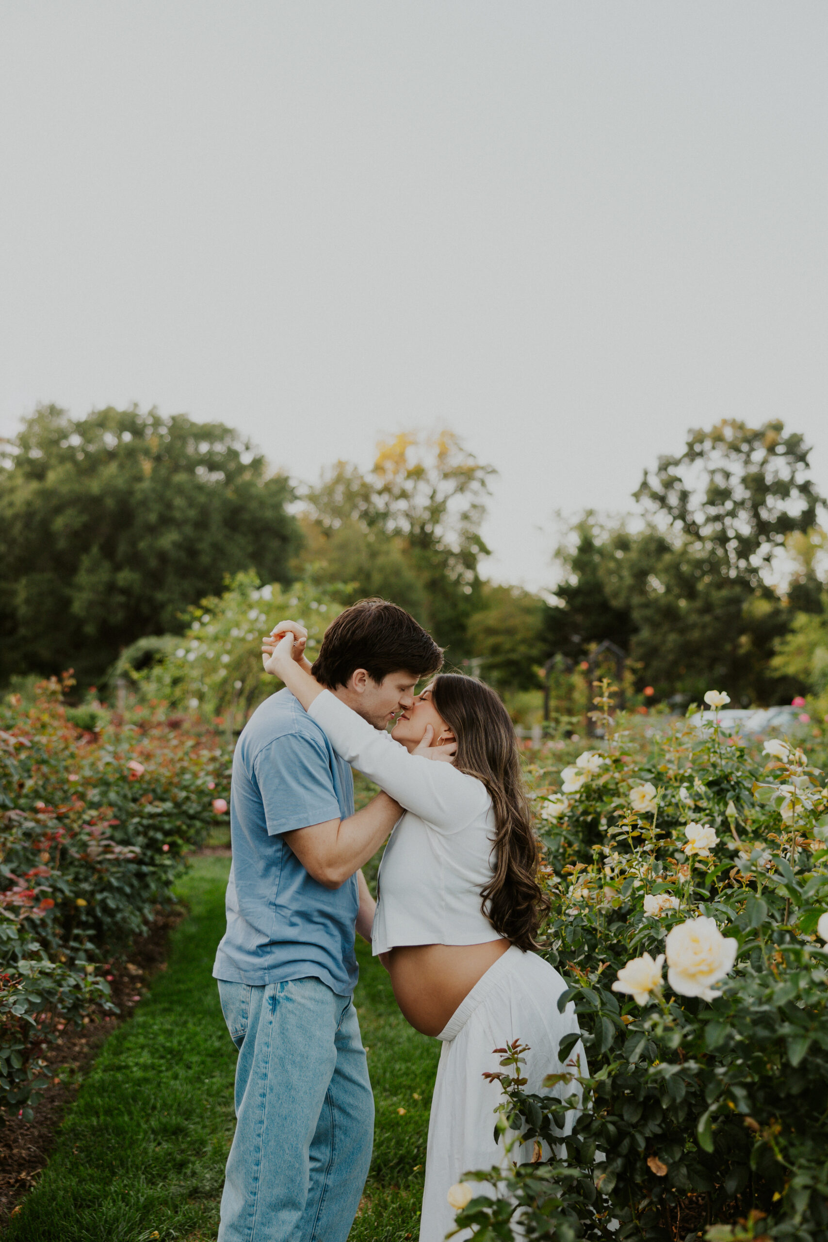 Romantic outdoor maternity photo surrounded by blooming roses in Arlington, Virginia